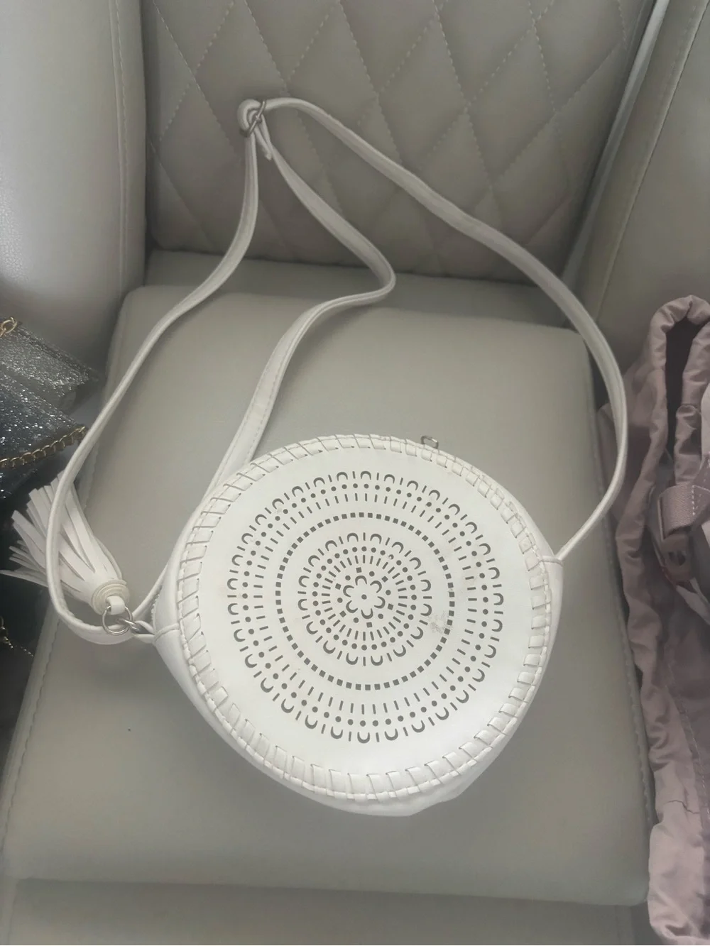 White Round Perforated Crossbody Bag